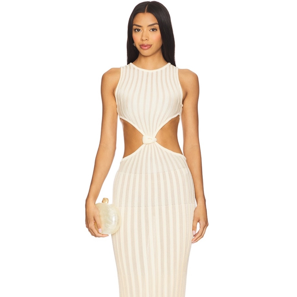 Baobab Collection Cream Ribbed Midi Dress with Knot Cutouts